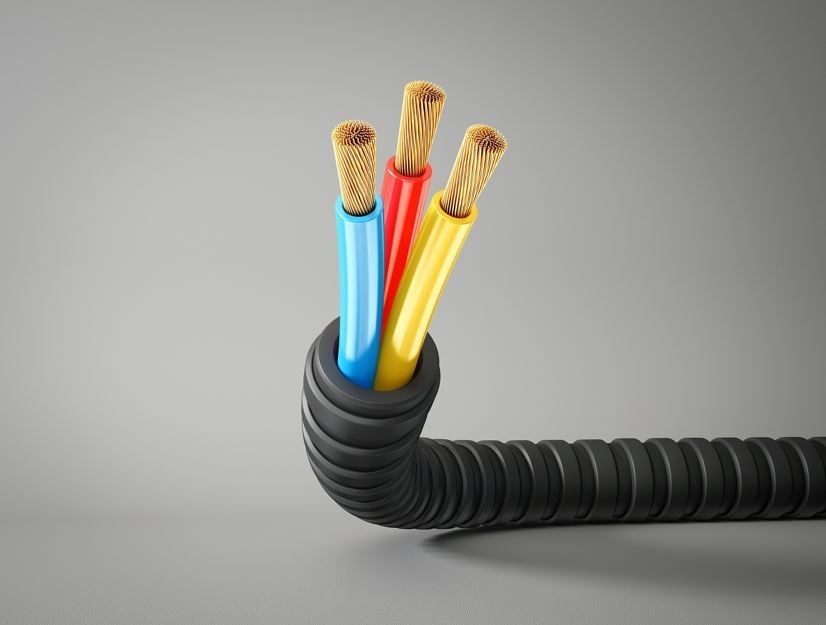 Tres cables con aislamiento azul, rojo y amarillo que salen de un conducto protector corrugado de color negro.