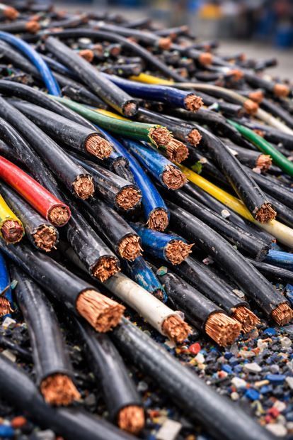 Un montón de cables eléctricos de cobre pelados con revestimientos aislantes de varios colores.