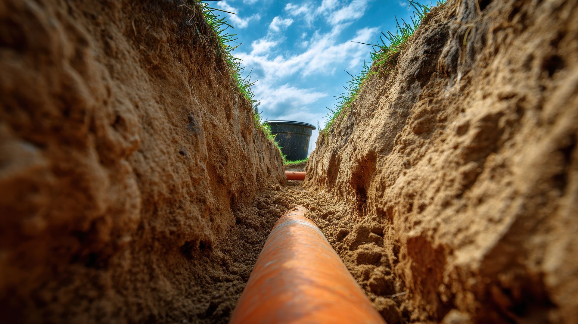 Une canalisation rouillée traverse une étroite tranchée de terre en direction d’une petite ouverture sur le ciel bleu.