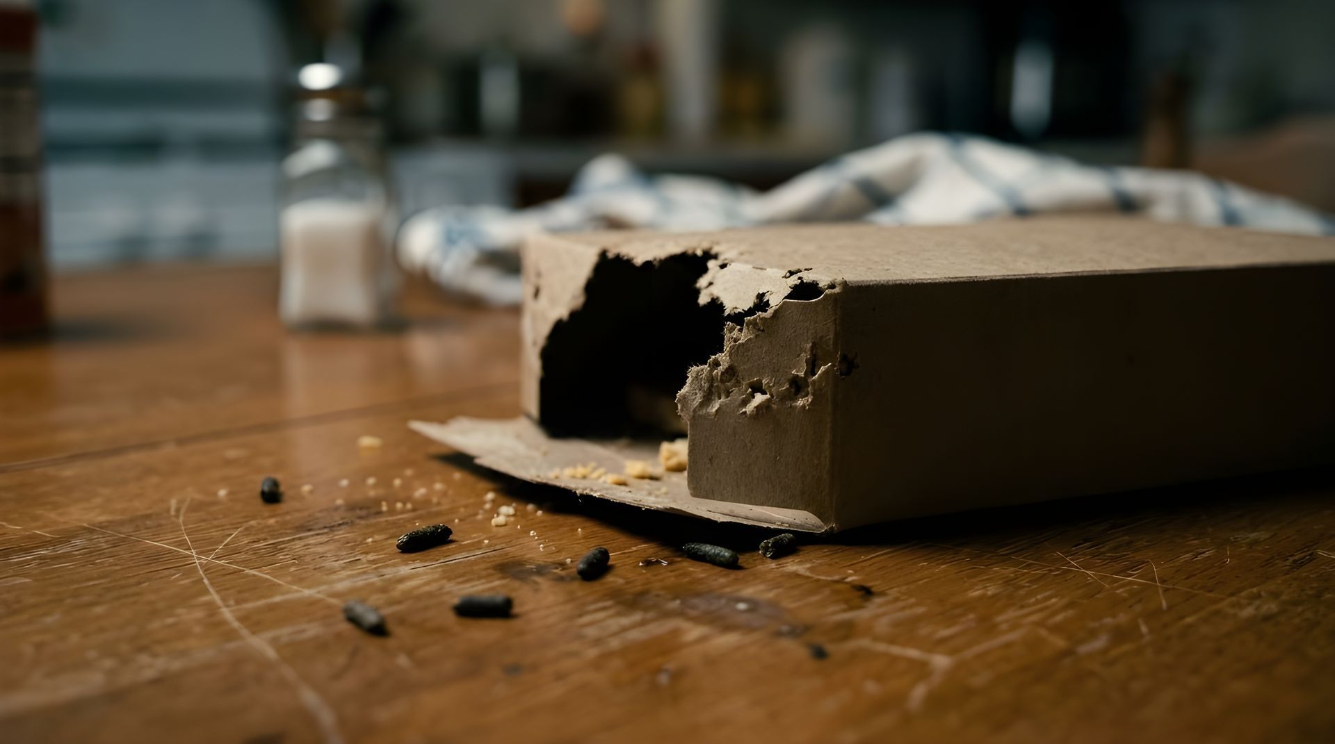 Boîte en carton abîmée sur une table en bois.