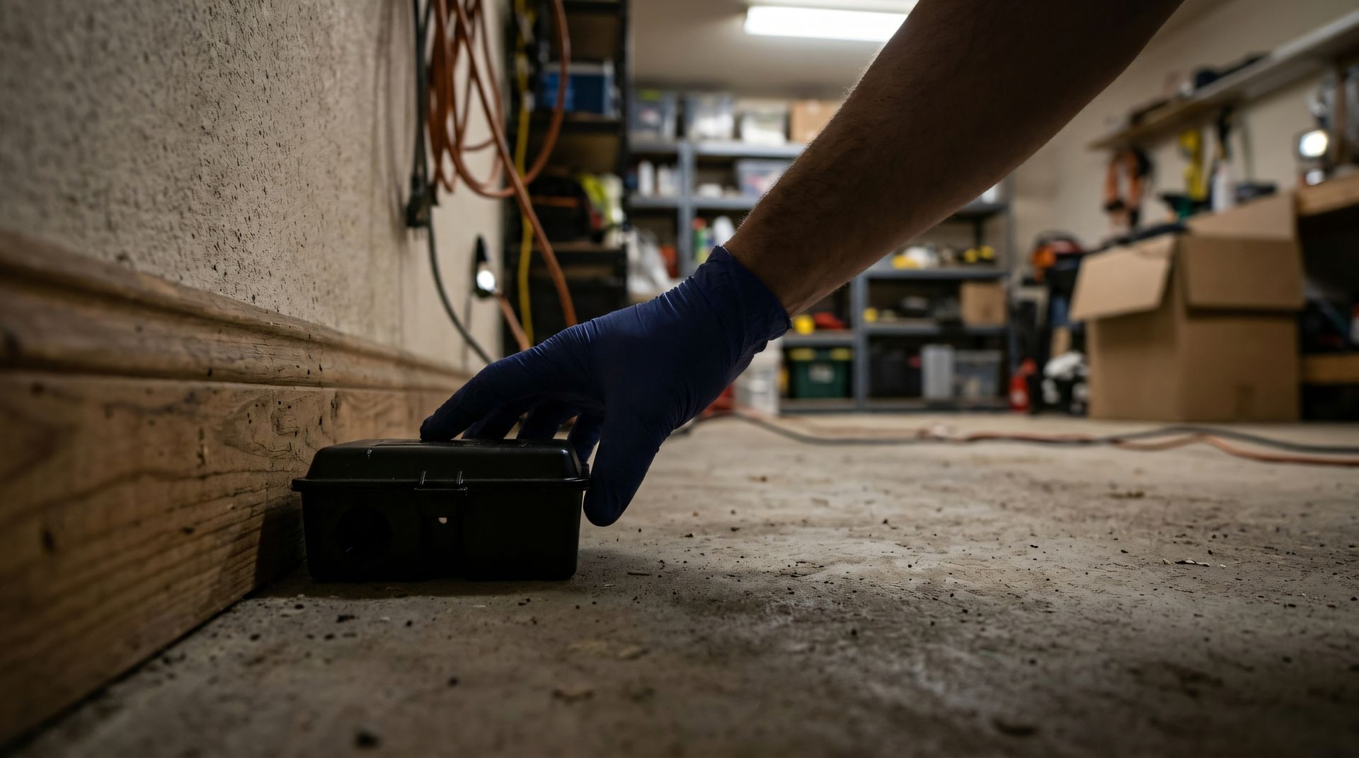 Une main gantée ajuste un appareil noir posé sur le sol en béton d’un garage ou d’un atelier