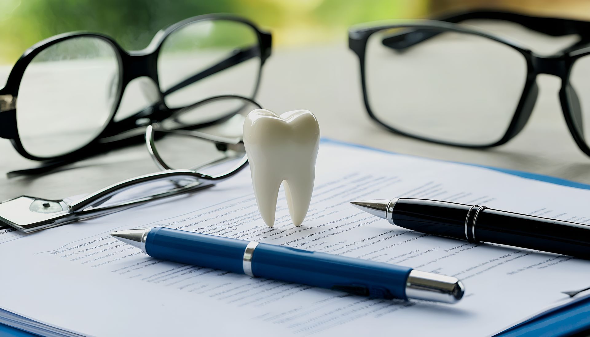 Modèle de dent posé sur un formulaire avec un stylo et des lunettes