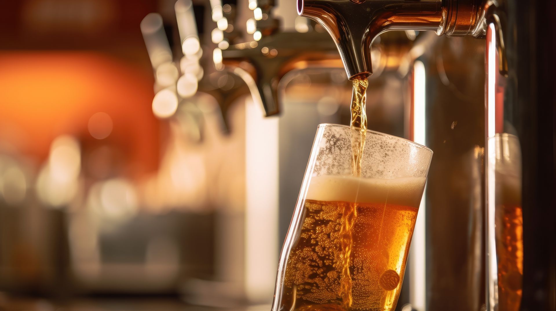Bière versée d'un robinet dans un verre ; formation de mousse, liquide doré, ambiance de bar.