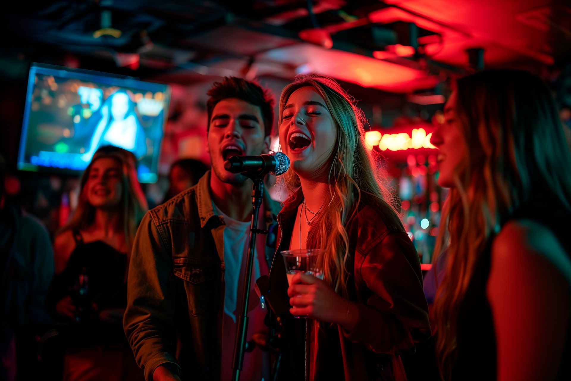 Des gens chantent au karaoké dans un bar faiblement éclairé, baigné de lumière rouge et vert.