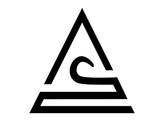Un logotipo en blanco y negro de un triángulo con una ola en el medio.