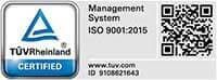 Logotipo da certificação TÜV Rheinland ISO 9001:2015 com código QR e ID 9108621643.