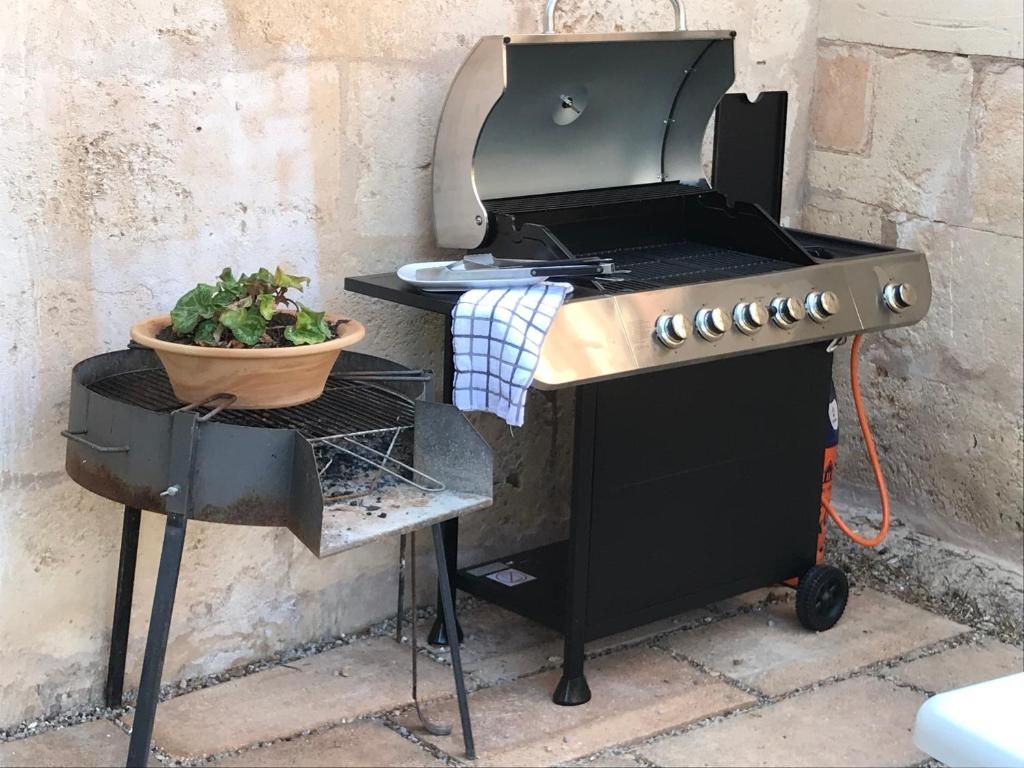 Una parrilla de gas negra junto a un muro de piedra, con una pequeña mesa auxiliar que sostiene una planta.