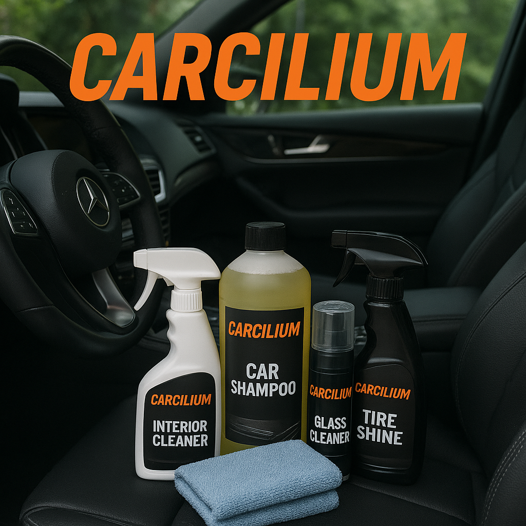 Produits d'entretien d'automobile avec une serviette en microfibre bleue à l'intérieur d'une voiture, étiquetée « CARCILIUM ».
