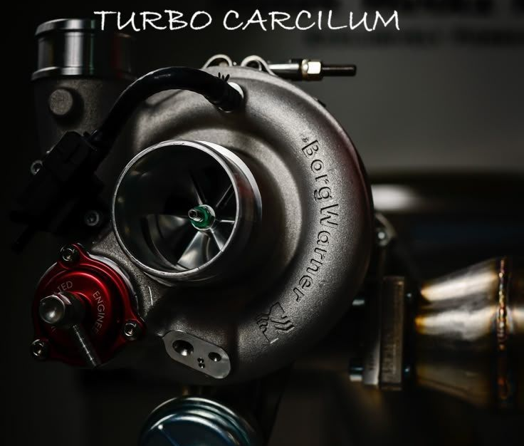 Turbocompresseur BorgWarner. Argent et noir. Turbine verte visible. Soupape rouge. Inscription : « TURBO CARCILUM ».