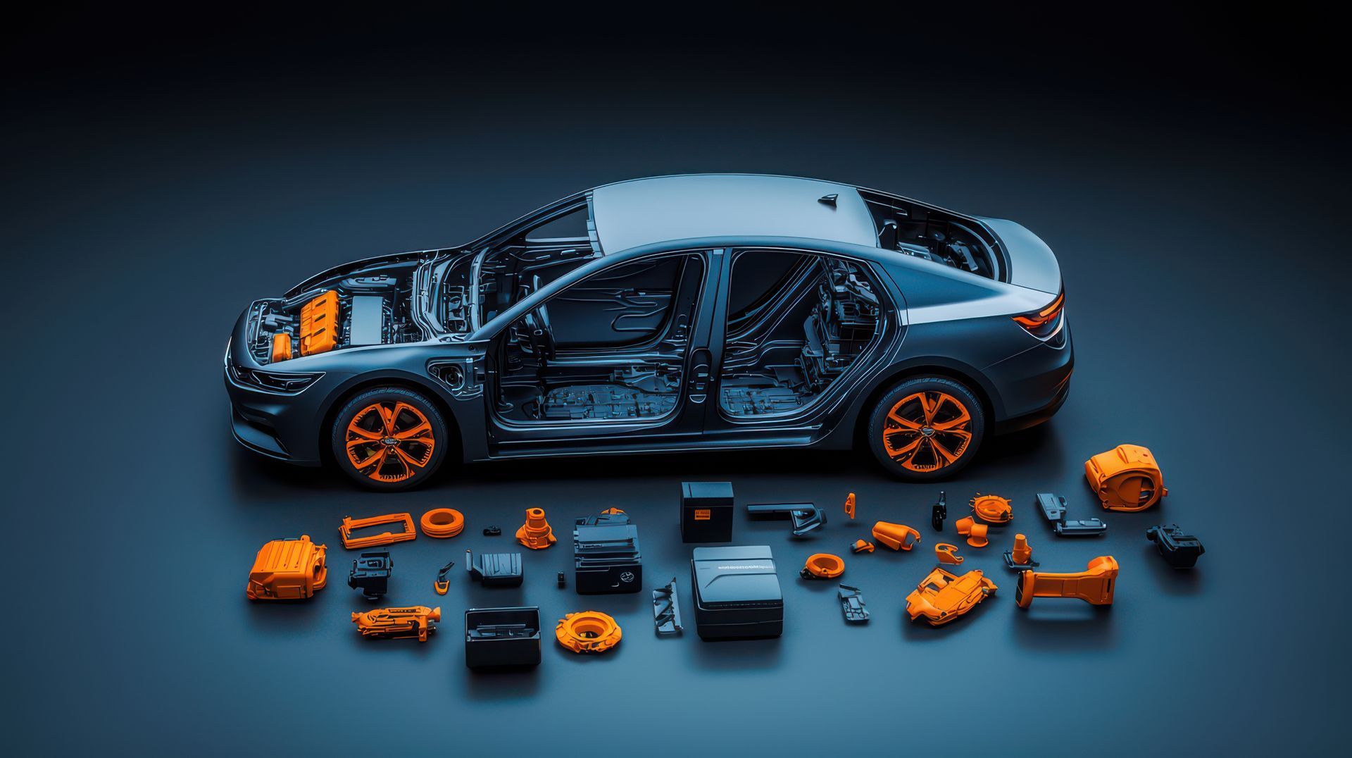 Maquette de voiture en coupe révélant ses composants internes, avec des pièces orange dispersées sur un fond bleu foncé.