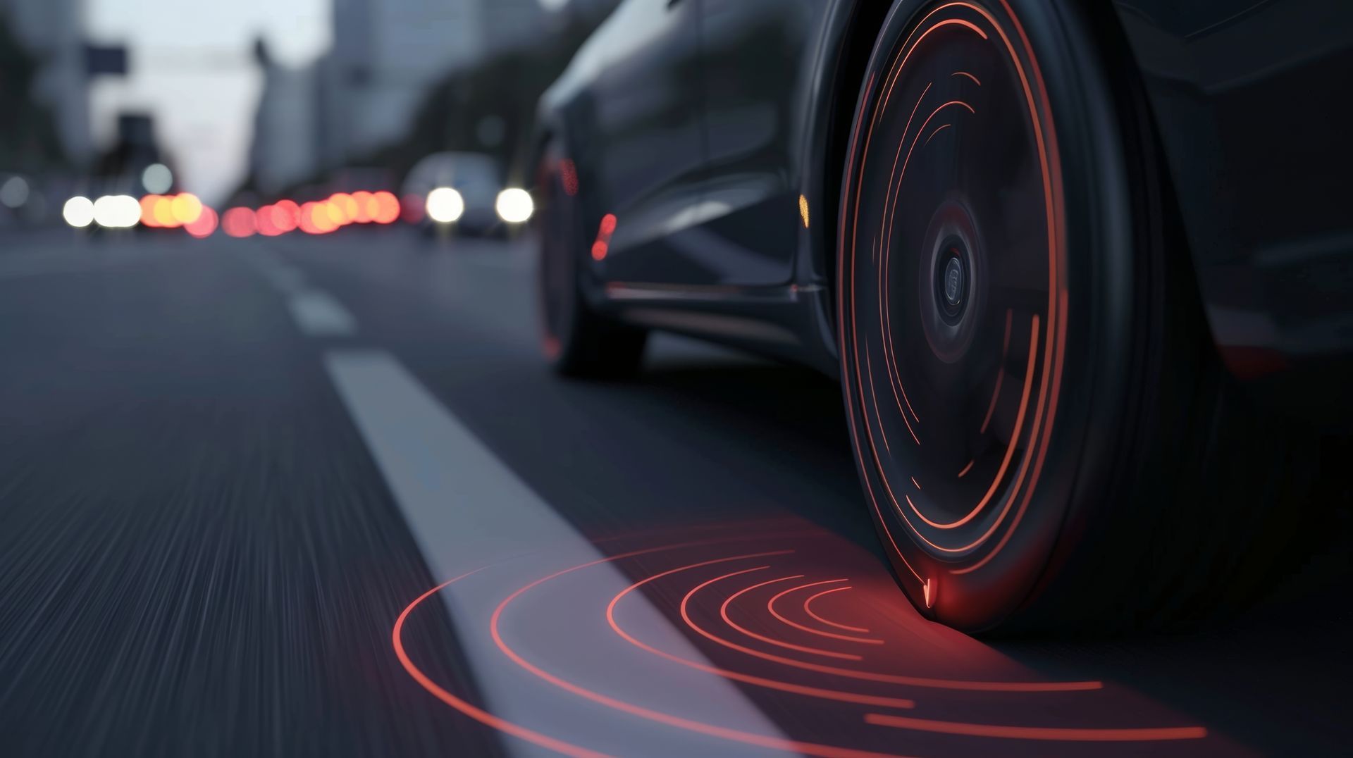 Roue de voiture noire avec des détails orange lumineux sur une route de ville la nuit.