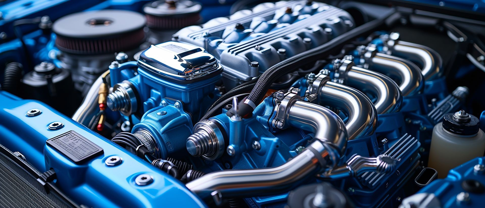 Moteur de voiture bleu avec tuyaux et filtre à air argentés.