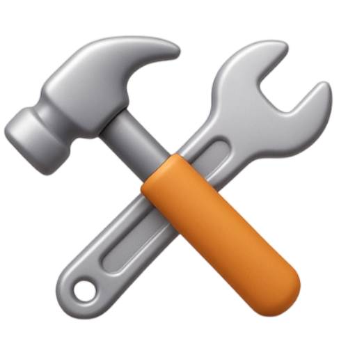 Marteau et clé à molette croisés avec manche orange.