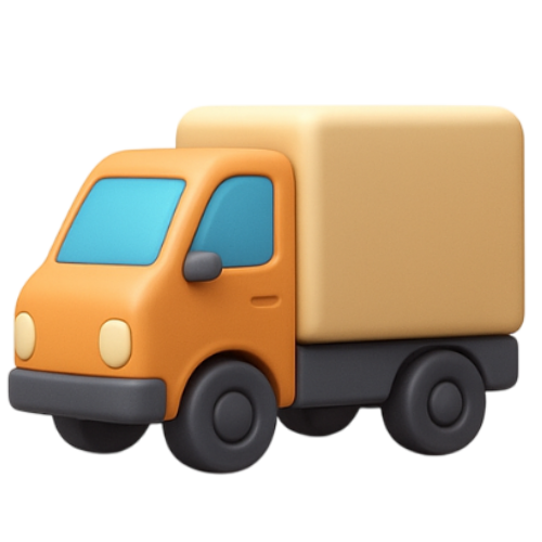 Camion de livraison 3D orange et beige, style dessin animé, avec caisse, vitres bleues et pneus noirs.