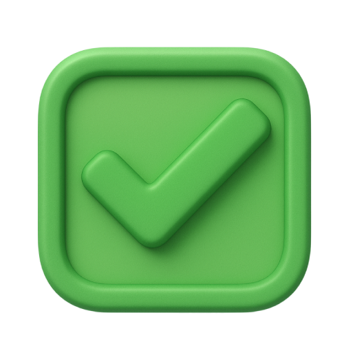 Une coche verte à l'intérieur d'un carré arrondi indique l'approbation.