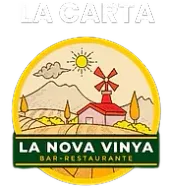 Un logotipo para el bar-restaurante la nova vinya con un molino de viento en medio de un campo.