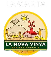 Un logotipo para el bar-restaurante la nova vinya con un molino de viento en medio de un campo.