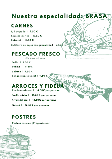 Un menú con una imagen de un pescado y un pastel.