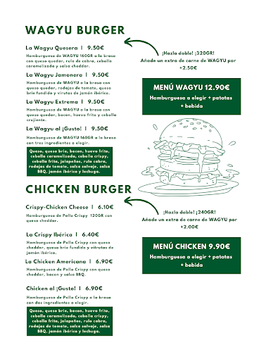 Un menú para un restaurante llamado hamburguesa wagyu y hamburguesa de pollo.