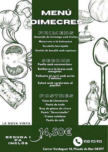 Un menú para un restaurante con el dibujo de una cuchara y una botella de vino.