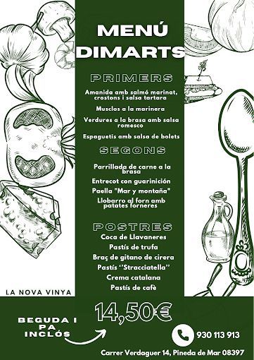 Un menú para un restaurante con una cuchara y verduras encima.