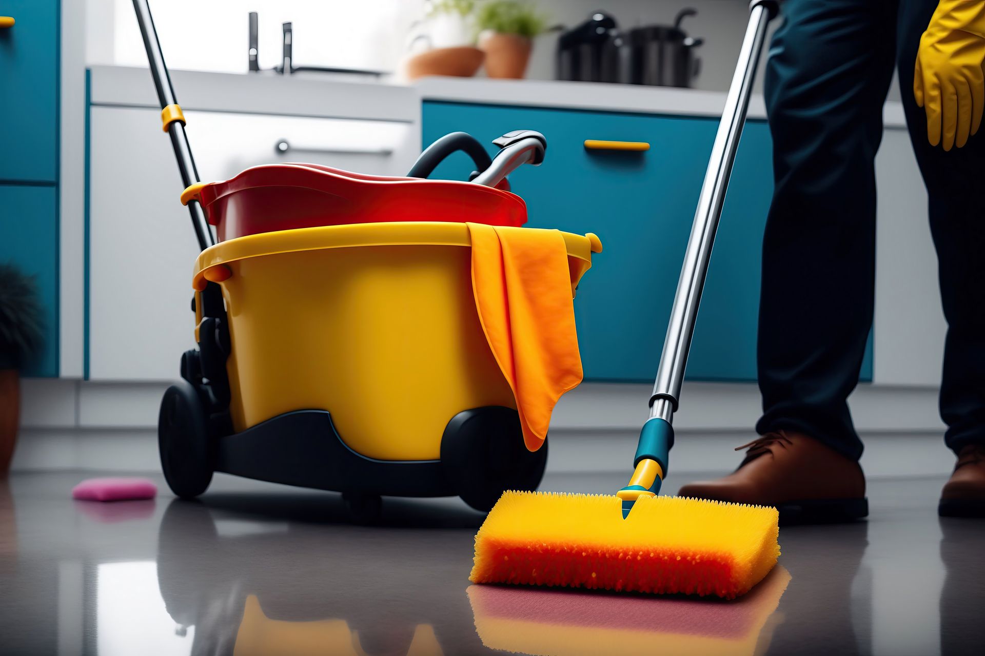 Un homme nettoie le sol d'une cuisine avec une serpillère et un seau.