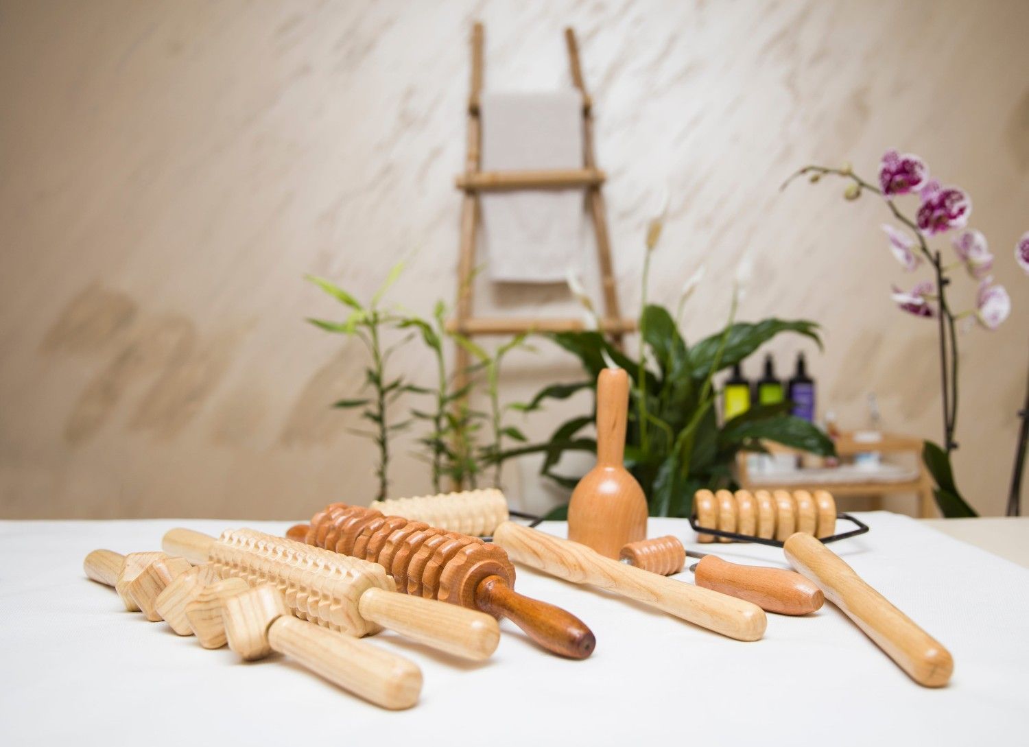 Cepillos y peines de madera dispuestos sobre una mesa blanca con plantas al fondo.