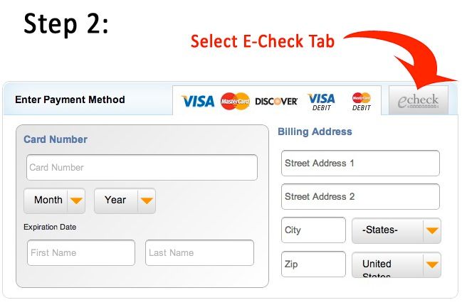 A payment screen showing a credit card form with a red arrow pointing to an E-Check tab to be selected.