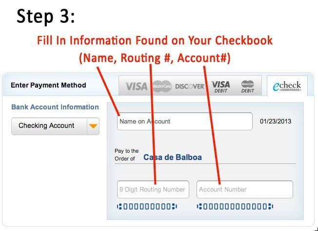 A form for entering eCheck payment details, showing fields for account name, routing number, and account number.