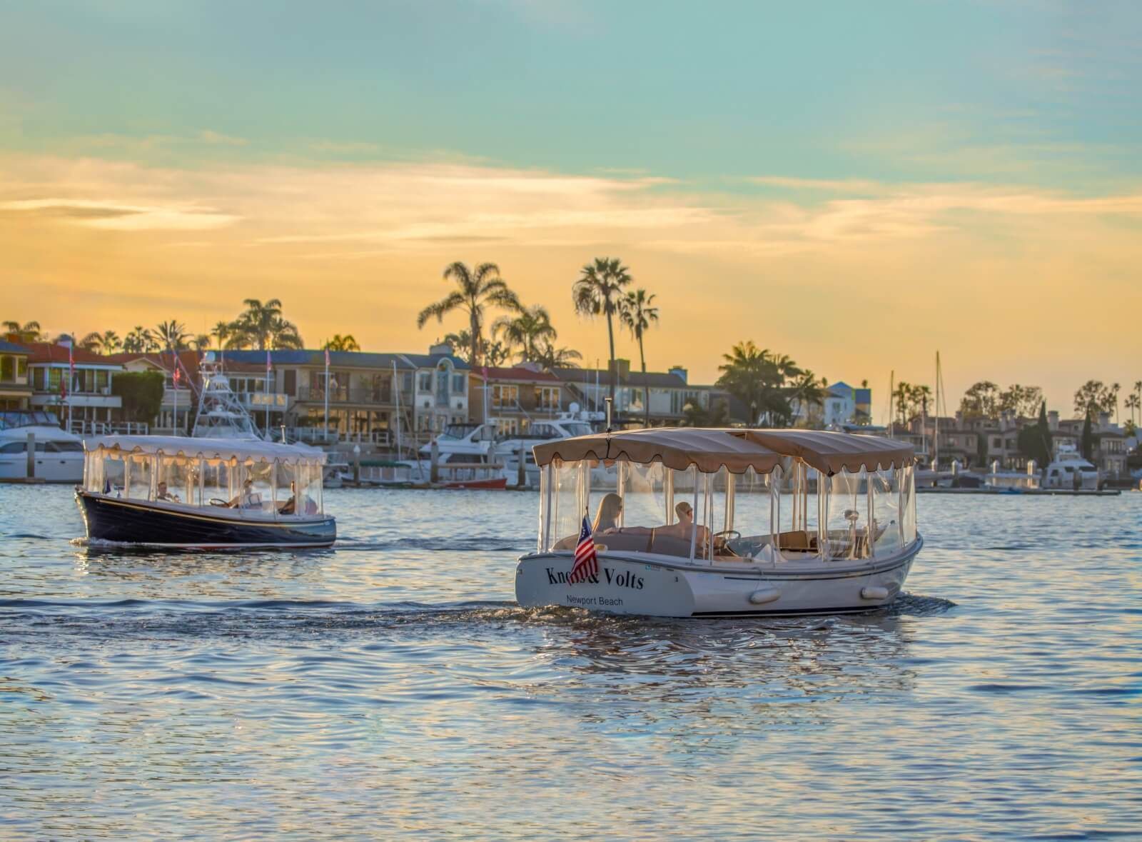 A concrete walkway leads toward a marina with docked boats, framed by two trees and flowers in the foreground.