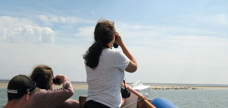Eine Frau, die auf einem Boot sitzt und durch ein Fernglas schaut