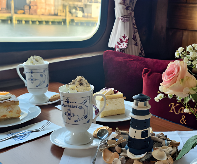 Ein Tisch mit Tellern voller Essen und einem Leuchtturm darauf