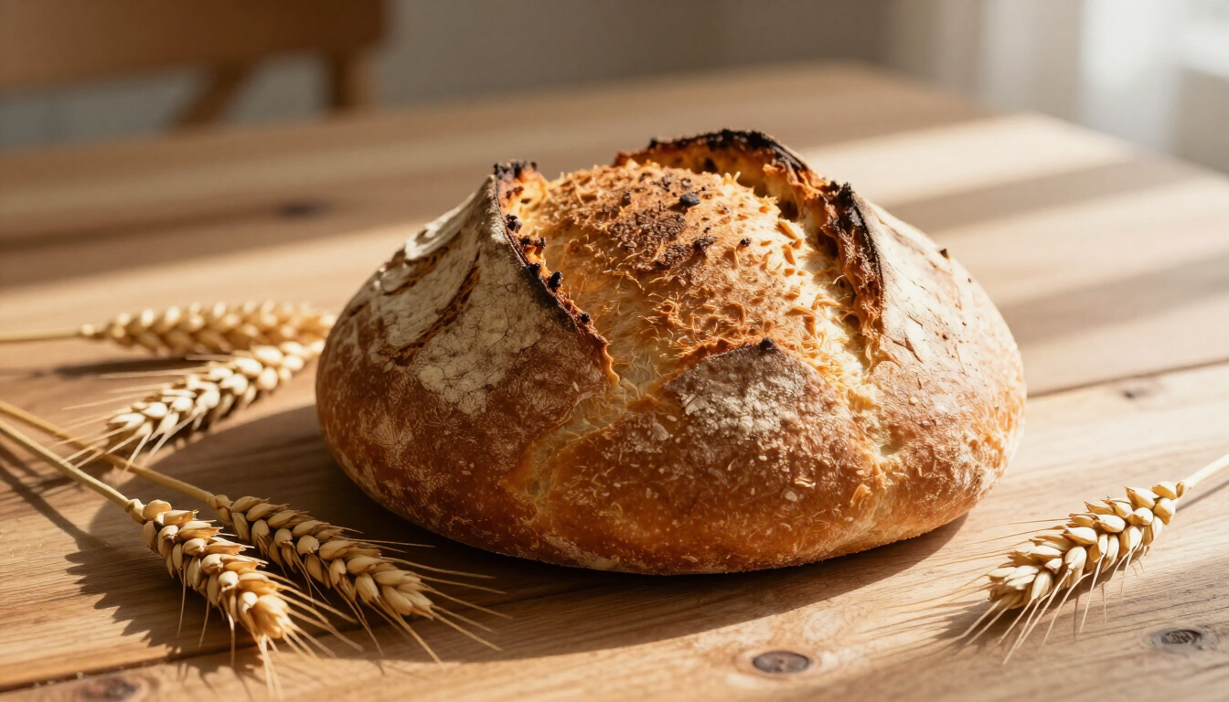 Pain artisanal croustillant sur une table en bois avec lumière naturelle