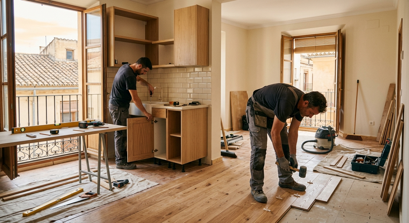 Dos personas renovando una cocina con armarios, utensilios y suelo de madera en una habitación luminosa.