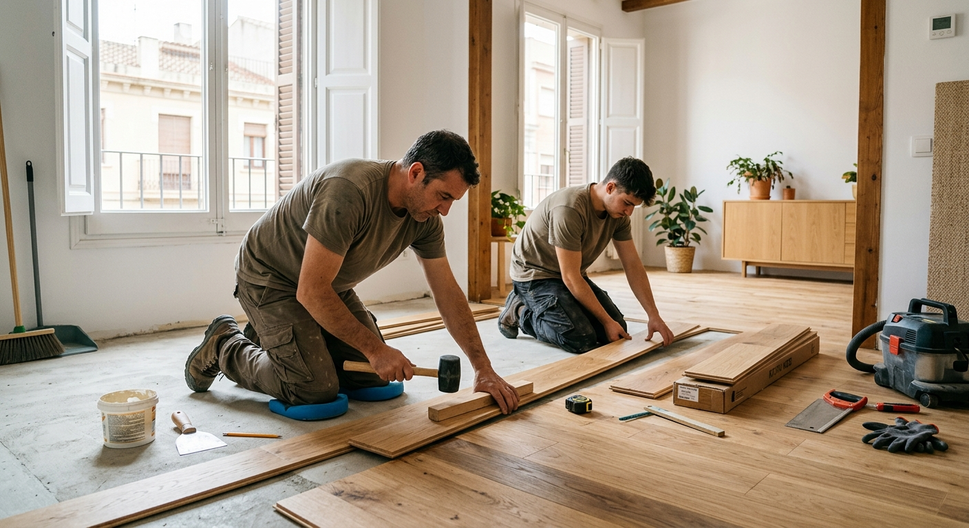 Dos personas instalando tablones de madera en un piso luminoso en una habitación con herramientas y tablas esparcidas alrededor.