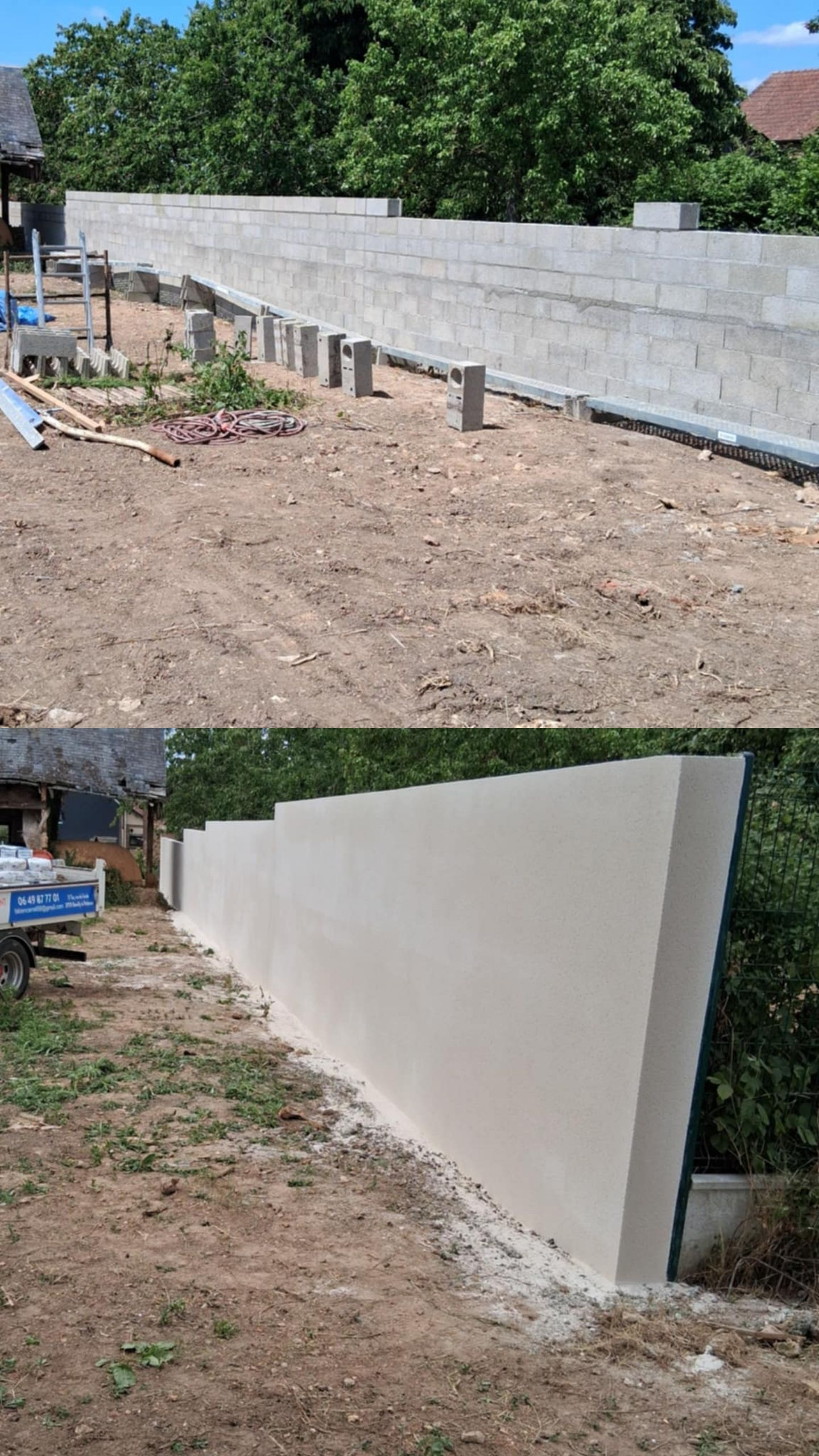En haut : Mur en parpaings en construction. En bas : Mur fini, beige clair, dans une cour.