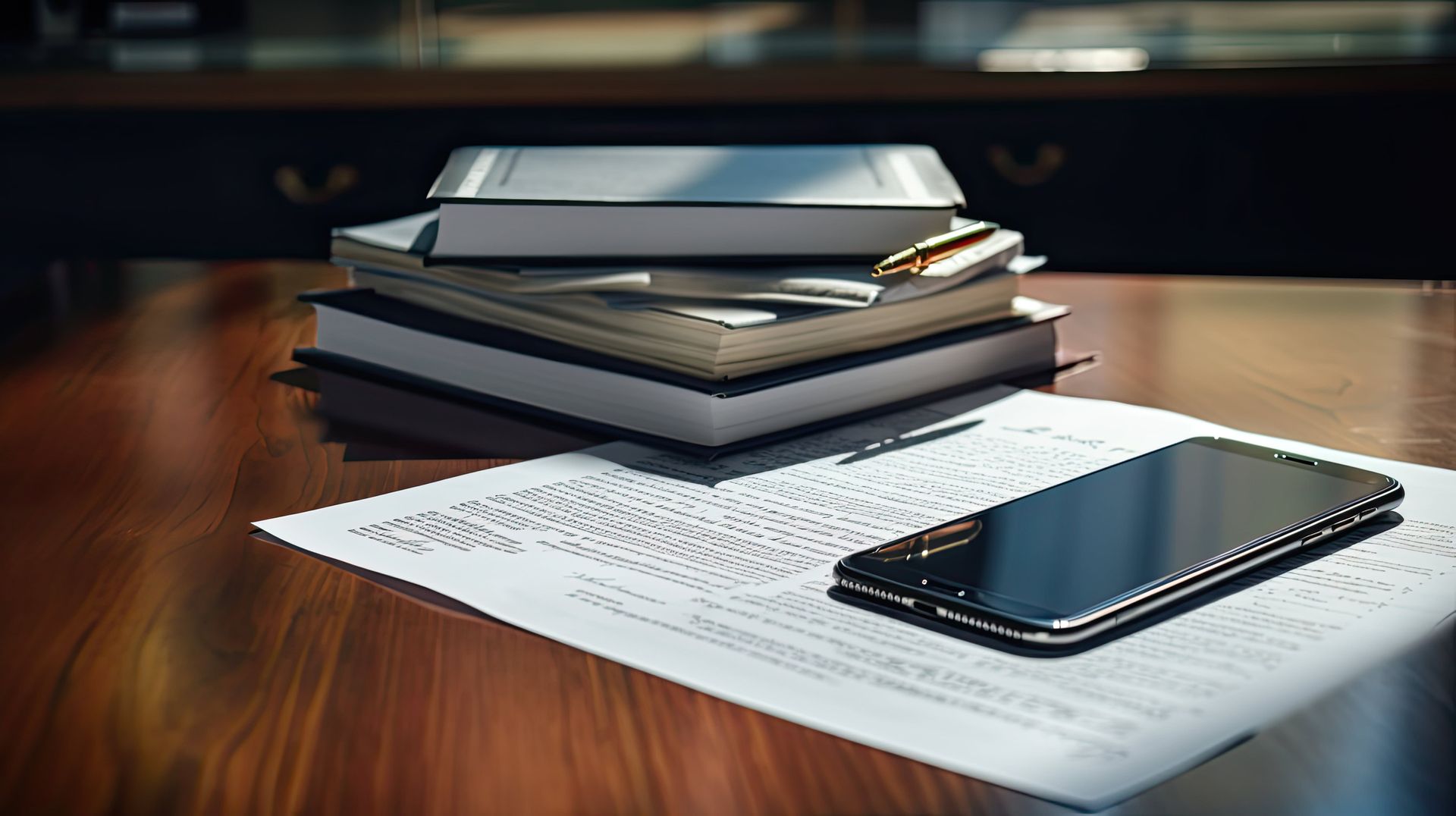 Teléfono inteligente sobre documento, pila de libros con bolígrafo sobre un escritorio de madera.