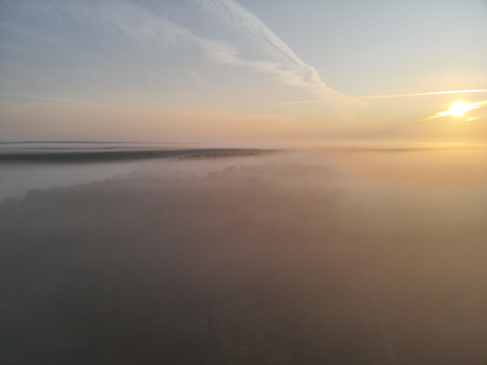 Neblige Landschaft mit aufgehender Sonne, die den Himmel in orange und gelbe Farbtöne taucht.