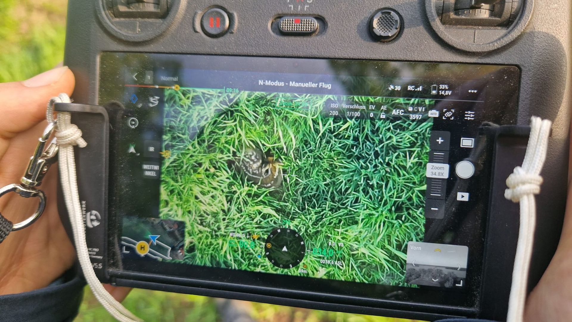 Auf dem Bildschirm der Drohnensteuerung ist ein Kitz in der Wiese zu erkennen.