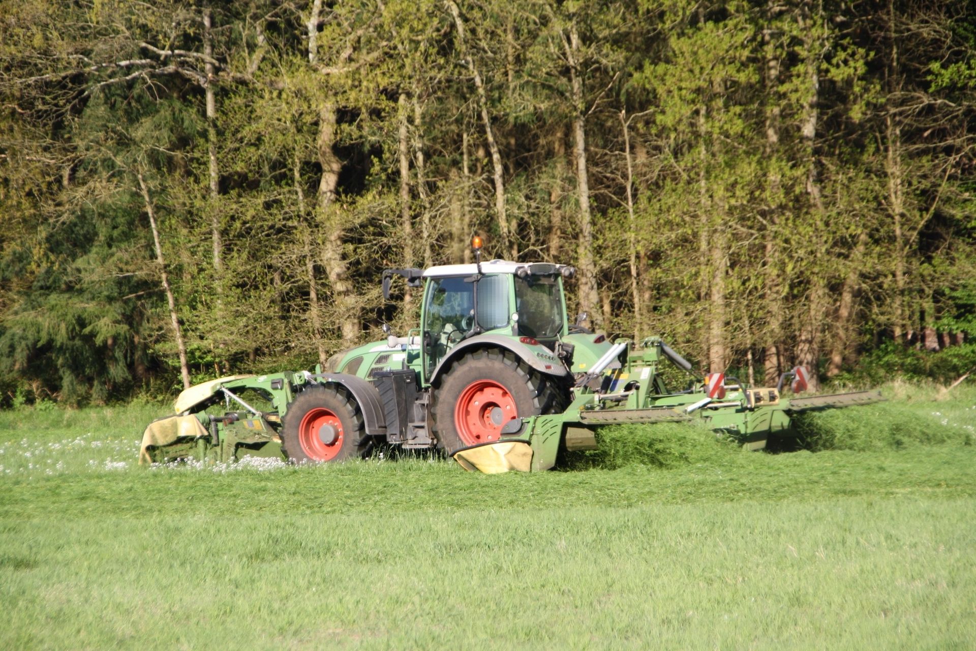 Grüner Traktor schneidet Gras auf einem Feld mit Bäumen im Hintergrund.