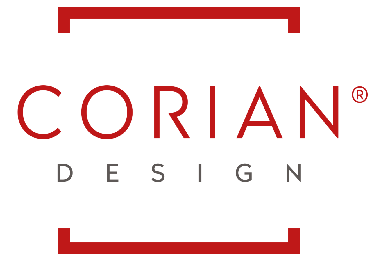 Logotipo de Corian Design en rojo y gris con líneas en forma de corchetes arriba y abajo.