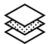 Icono de contorno negro de capas apiladas, con una capa central punteada.
