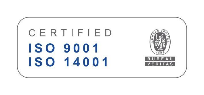 Insignia con certificación ISO 9001 e ISO 14001 con el logotipo de Bureau Veritas sobre fondo blanco.
