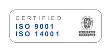Insignia con certificación ISO 9001 e ISO 14001 con el logotipo de Bureau Veritas sobre fondo blanco.