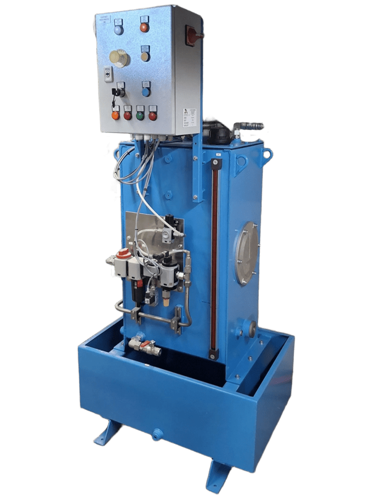 Un groupe hydraulique industriel bleu avec un boîtier de commande électrique intégré sur le dessus et un bac de récupération des égouttements à la base.