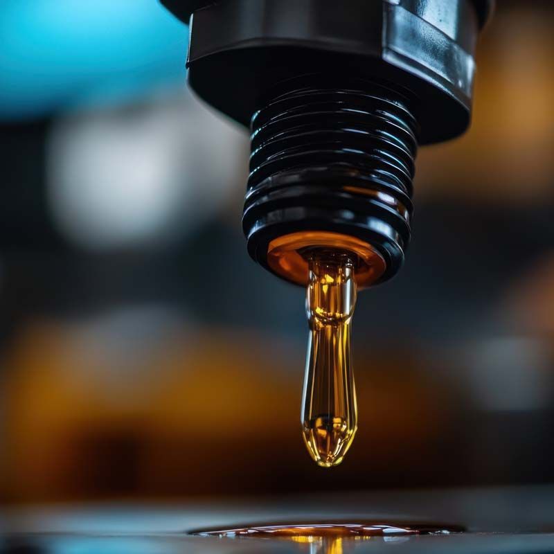 Gros plan sur de l'huile moteur qui dégouline du bec d'un récipient noir. Le liquide huileux est jaune doré.