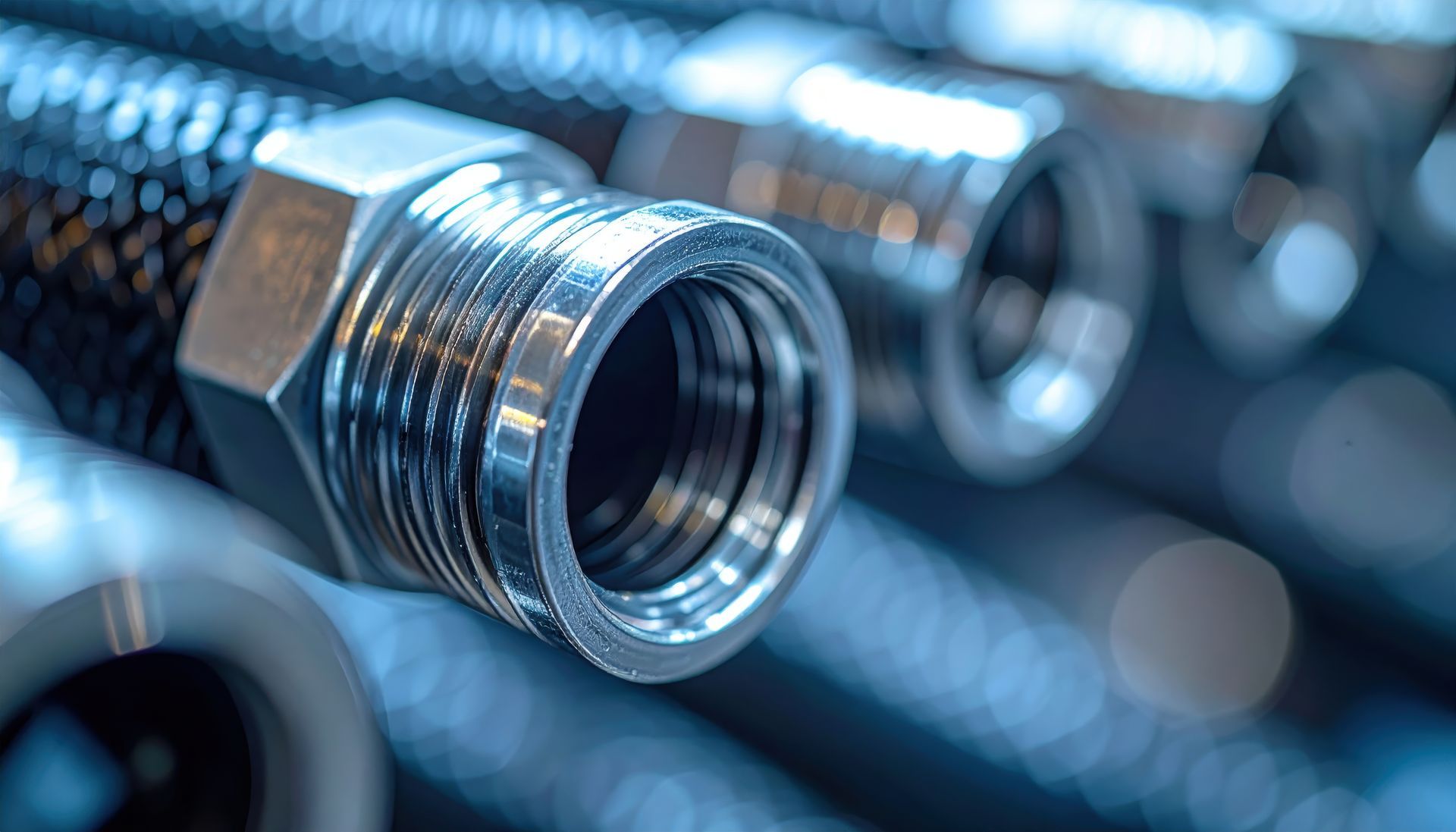 Gros plan sur plusieurs tuyaux de plomberie métalliques avec raccords filetés, dans un décor aux tons bleutés.