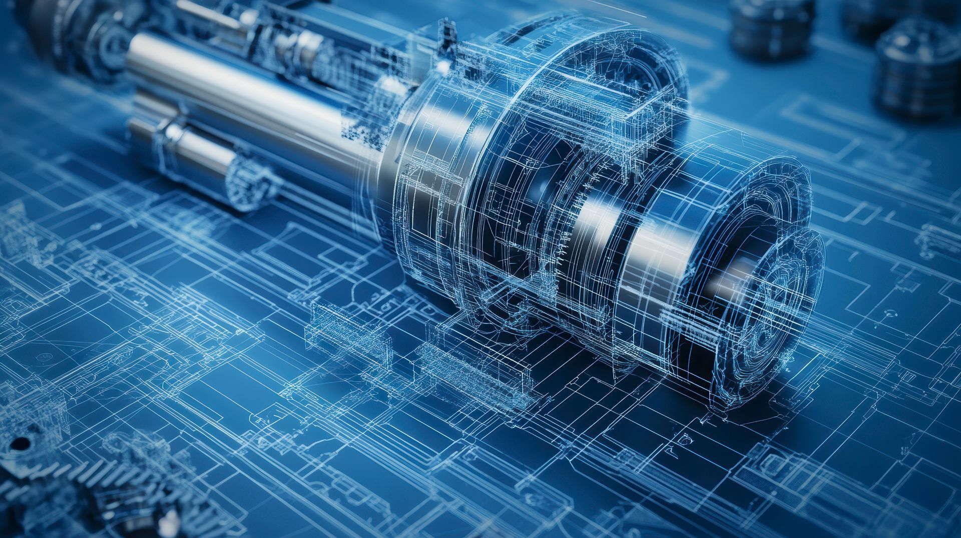 Plan mécanique avec rendu 3D d'un composant de machine cylindrique, teintes bleues, illustration technique.