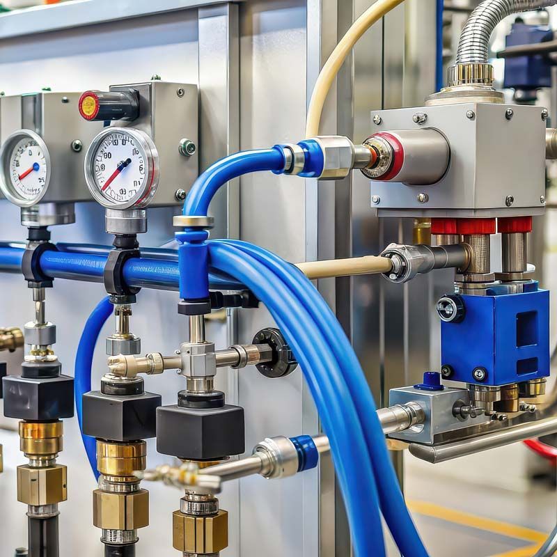 Gros plan sur des machines industrielles avec des tubes bleus et métalliques, des manomètres et des vannes.