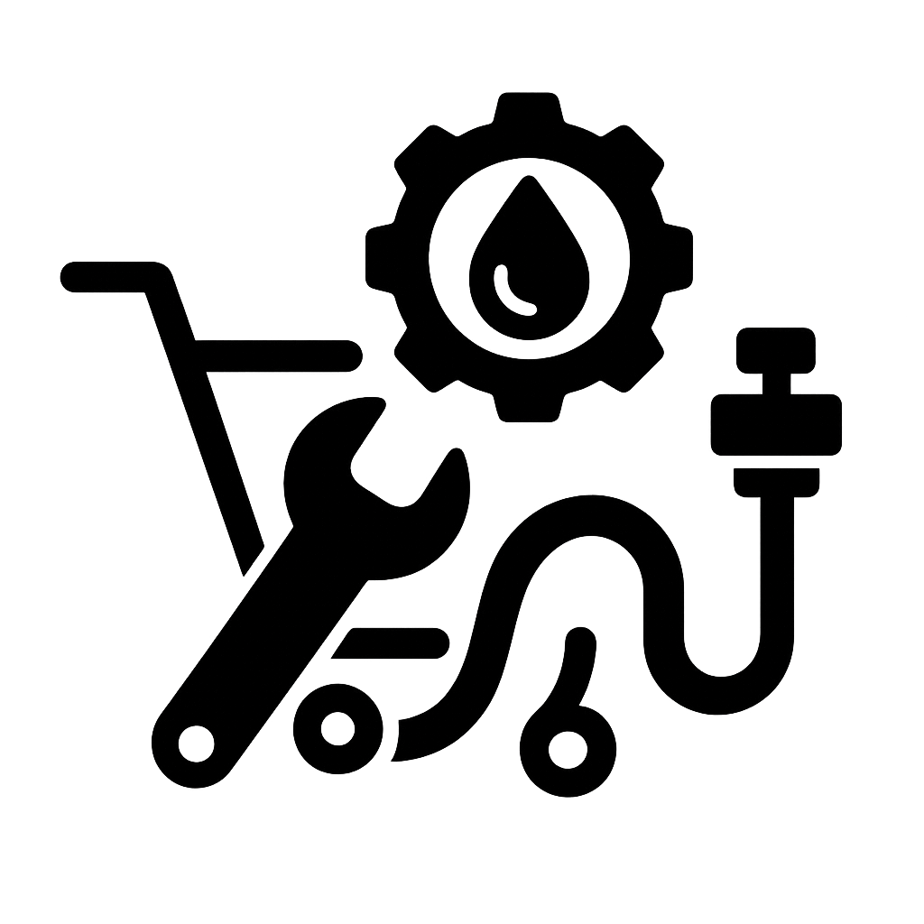 Icône d'outils de plomberie : clé, engrenage avec goutte d'eau, tuyau, chariot.